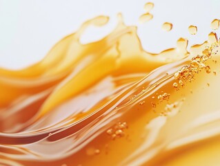 Golden liquid flowing in dynamic waves, with bubbles and splashes, creating a refreshing and vibrant scene.