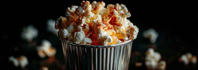 Popcorn in a ribbed silver container with a dark background, showcasing a delicious and tempting snack.