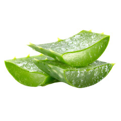 Fototapeta premium Aloe Vera Slices: Freshly sliced Aloe Vera, showcasing its vibrant green hue and soothing properties, perfectly arranged in a visually appealing composition. 