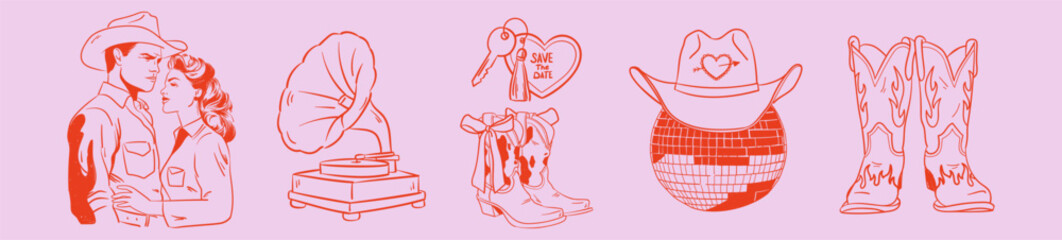 Vintage Western Romantic Set. Wild West hand drawn illustration with cowgirl and cowboy, disco ball, cowboy boots with bow. American retro doodle sketch for girly party, invitation.