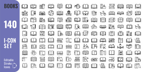 Fototapeta premium Book Icon Set – Open and Closed Book Symbols in Outline and Solid Style for Education and Reading Apps 