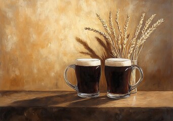 Two mugs of dark beer with creamy foam alongside wheat stalks, on a brown surface in muted lighting.
