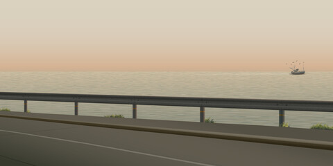 Fototapeta premium Seascape with silhouette coastal road and fishing boat followed by seagulls at sunset graphic illustration.