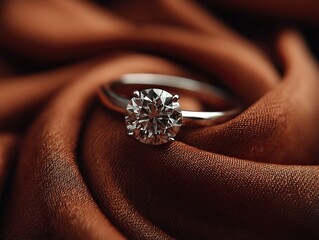 Sparkling solitaire diamond ring. Classic design on a satin fabric background. Close-up shot.