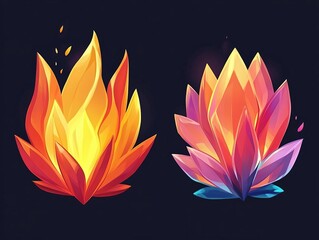 Abstract lotus flowers art featuring orange and pink petals. Floral design on dark background.
