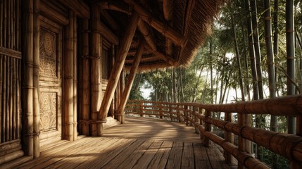Fototapeta premium Serene Bamboo House Exterior with Wooden Deck and Lush Green Surroundings