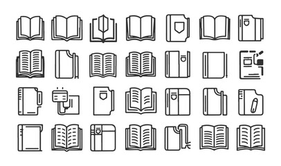 Book Icon Set – Open and Closed Book Symbols in Outline and Solid Style for Education and Reading Apps
