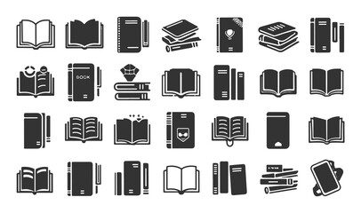Book Icon Set &ndash; Open and Closed Book Symbols in Outline and Solid Style for Education and Reading Apps
