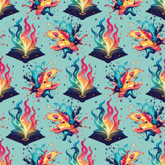Repeating Fantasy Design with Burning Magical Books. Seamless Pattern with Enchanted Books and Flame Bursts