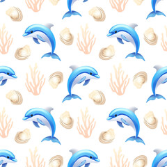 Seamless marine-themed pattern with blue dolphins, coral branches, and seashells on white background