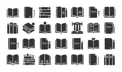 Book Icon Set – Open and Closed Book Symbols in Outline and Solid Style for Education and Reading Apps

