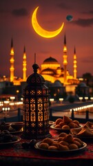 Majestic Crescent Moon over Illuminated Mosque Ramadan Night Scene with Traditional Lantern and Festive Treats
