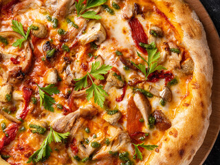 A close-up of a wood-fired pizza topped with roasted mushrooms, mozzarella cheese, tomato sauce,...