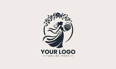Minimalist black silhouette of woman with flower basket on head symbolizing beauty and nature vector logo design