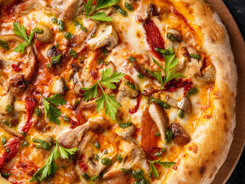 A close-up of a wood-fired pizza topped with roasted mushrooms, mozzarella cheese, tomato sauce, grilled red peppers