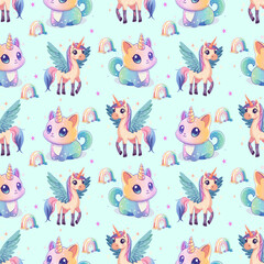 Fototapeta premium Seamless pattern with pastel unicorns, winged cats, and magical rainbows in a cute fantasy style on light blue background