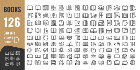 Book Icon Set – Open and Closed Book Symbols in Outline and Solid Style for Education and Reading Apps
