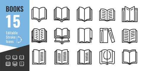 Book Icon Set – Open and Closed Book Symbols in Outline and Solid Style for Education and Reading Apps
