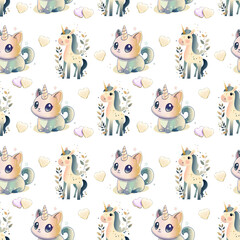 Fototapeta premium Seamless pastel pattern with fantasy animals including cute giraffes, cats with wings, hearts, and soft clouds on white background