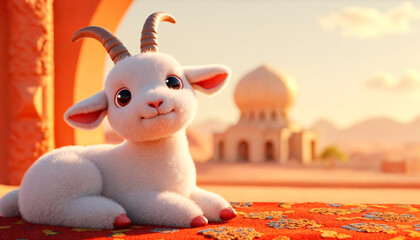 Cute cartoon white goat on a red carpet, with a mosque in the background