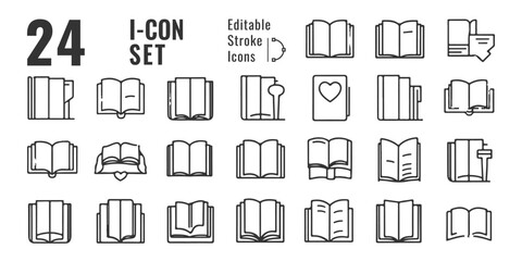 Book Icon Set – Open and Closed Book Symbols in Outline and Solid Style for Education and Reading Apps
