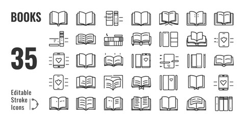 Obraz premium Book Icon Set – Open and Closed Book Symbols in Outline and Solid Style for Education and Reading Apps 