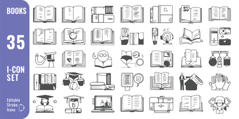 Obraz premium Book Icon Set – Open and Closed Book Symbols in Outline and Solid Style for Education and Reading Apps 