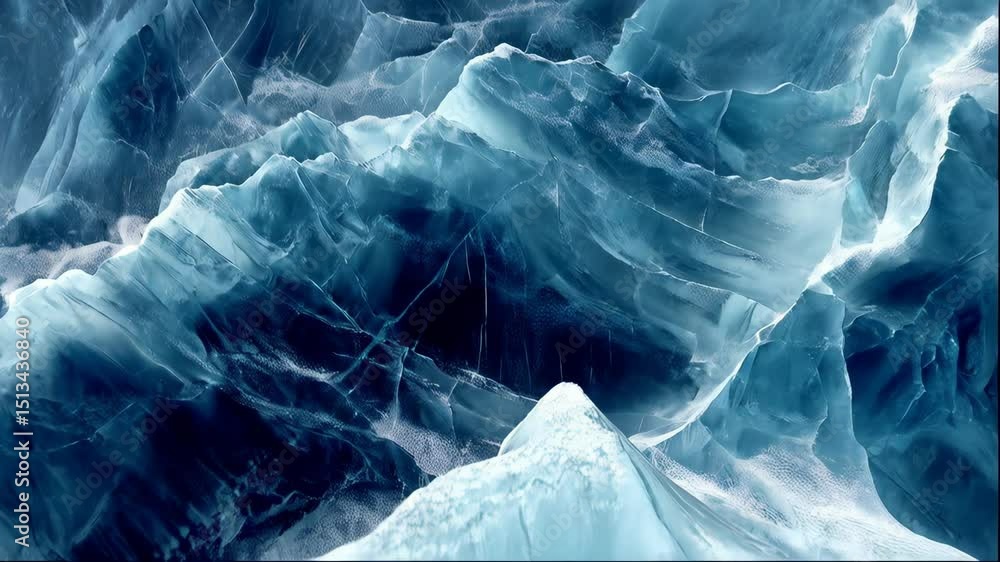 Poster macro surface of a frozen lake with intricate ice patterns and jagged edges glistening with light, b