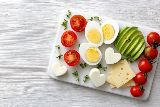 Freshly prepared healthy breakfast platter featuring sliced avocado, cherry tomatoes, heart-shaped cheese, boiled eggs, and herbs arranged on a white wooden surface for a vibrant morning meal - Powered by Adobe