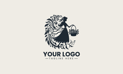 Elegant female silhouette holding fruit basket above head symbolizing nature and harvest vector logo design