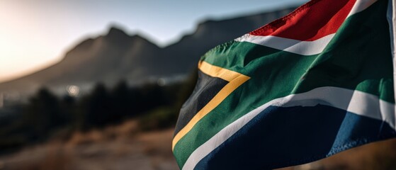 South African flag waving proudly outdoors with Table Mountain in the background at sunrise, showcasing patriotism and national pride