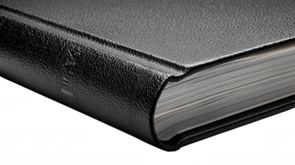 Black leather book with pages isolated on transparent background, PNG