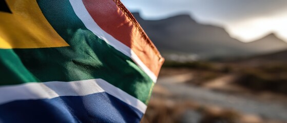 Naklejka premium Closeup of South African flag waving proudly outdoors against a blurred mountain landscape, symbolizing national pride, heritage, and patriotism