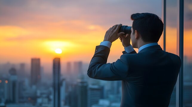 A visionary leader looking out of a skyscraper window at sunrise
