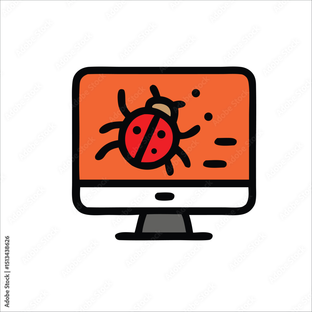 Poster computer screen with bug graphic, symbolizing tech issues or cybersecurity threats. suitable for it 