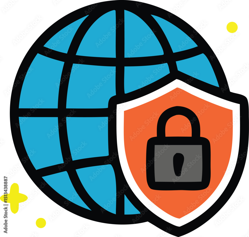 Poster globe with shield and padlock symbol for internet security. suitable for cybersecurity concepts, tec