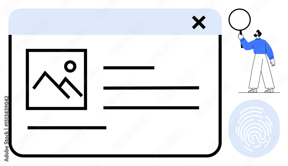 Poster browser screen with an image, text, user profile examining elements, and fingerprint icon. ideal for