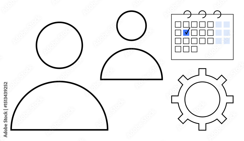 Poster two user icons alongside a calendar with a selected date and a gear icon, representing teamwork, sch