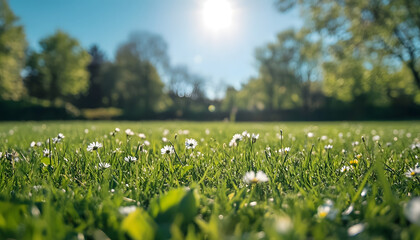 Fototapeta premium Sunny spring meadow with vibrant green grass, white daisies. Blue sky with soft sunbeams. Rich foliage in background. Perfect backdrop for spring season, gardens, eco themes. Great nature photo for