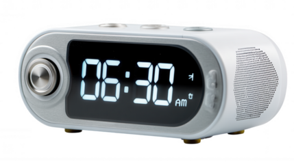 Digital alarm clock displaying 06:30 AM, isolated on transparent background, PNG