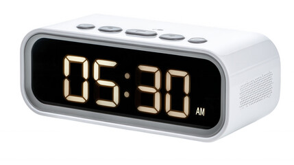 Digital alarm clock displaying 05:30 AM, isolated on transparent background, PNG