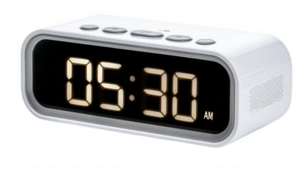Digital alarm clock displaying 05:30 AM, isolated on transparent background, PNG