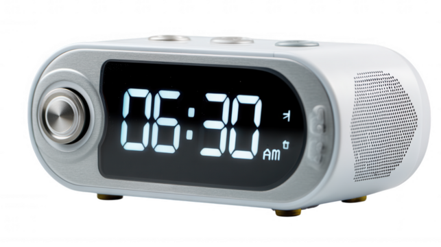 Digital alarm clock displaying 06:30 AM, isolated on transparent background, PNG