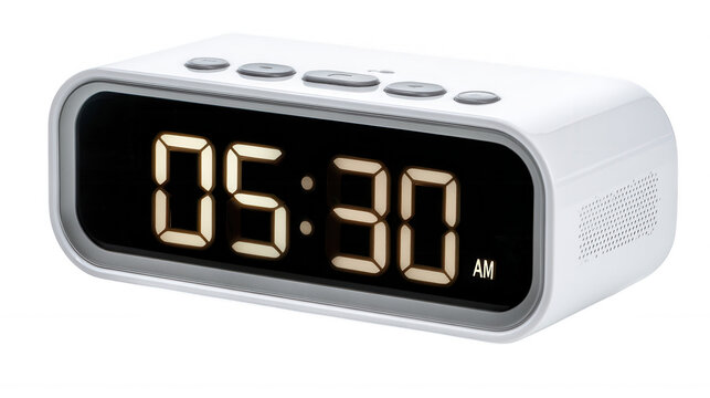 Digital alarm clock displaying 05:30 AM, isolated on transparent background, PNG