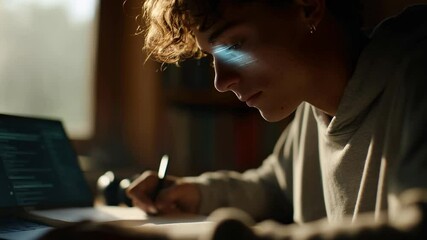 Young man studying in a cozy setting with natural light illuminating his focused expression during evening hours - Powered by Adobe