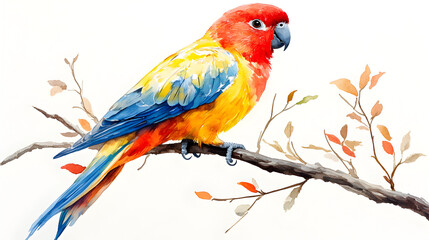 Watercolor painting of a vibrant parrot perched on a branch with autumn leaves.