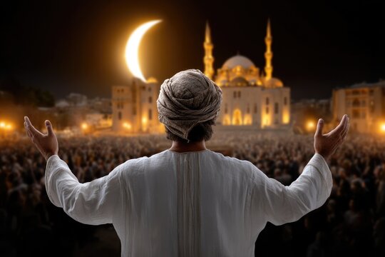 A man stands with outstretched arms during a gathering to celebrate Islamic New Year Muharram, while a crescent moon glows above a mosque, symbolizing the occasion's significance - Powered by Adobe