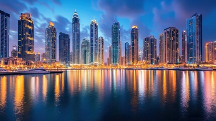 Fototapeta premium Magnificent Dubai cityscape reflected in shimmering waters at twilight hour