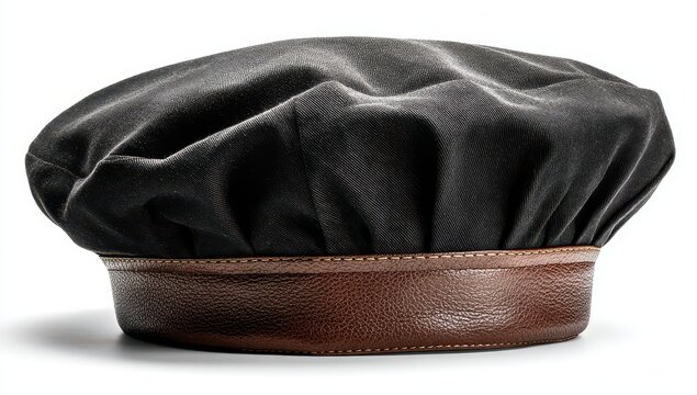 Dark gray beret with brown leather band