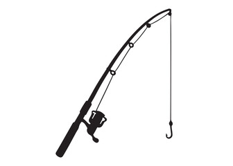 Silhouette fishing rod logo vector design, fishing rod logo icon silhouette, fishing rod vector silhouette illustration design, fishing hook and fishing rod icon silhouette  logo on white background